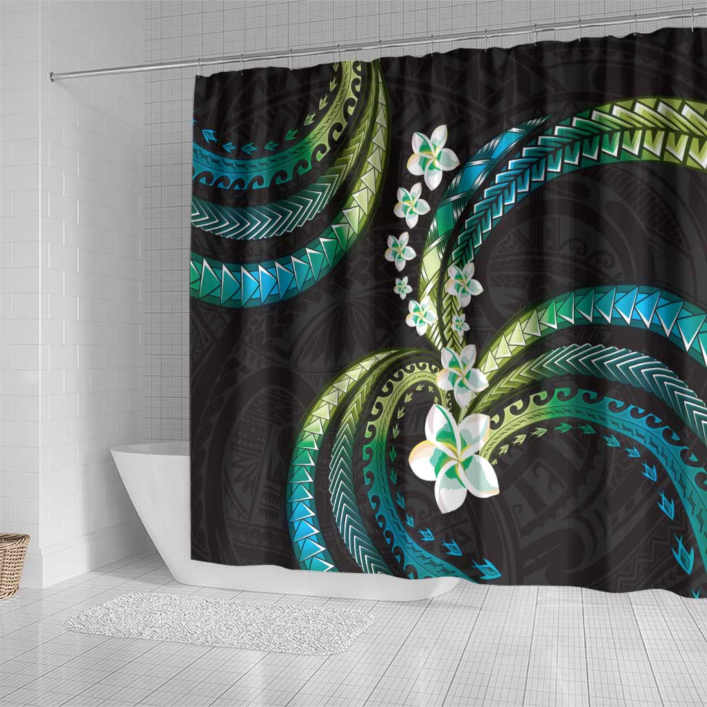 Hawaii Plumeria Shower Curtain Chartreuse Cyan Polynesian Pattern