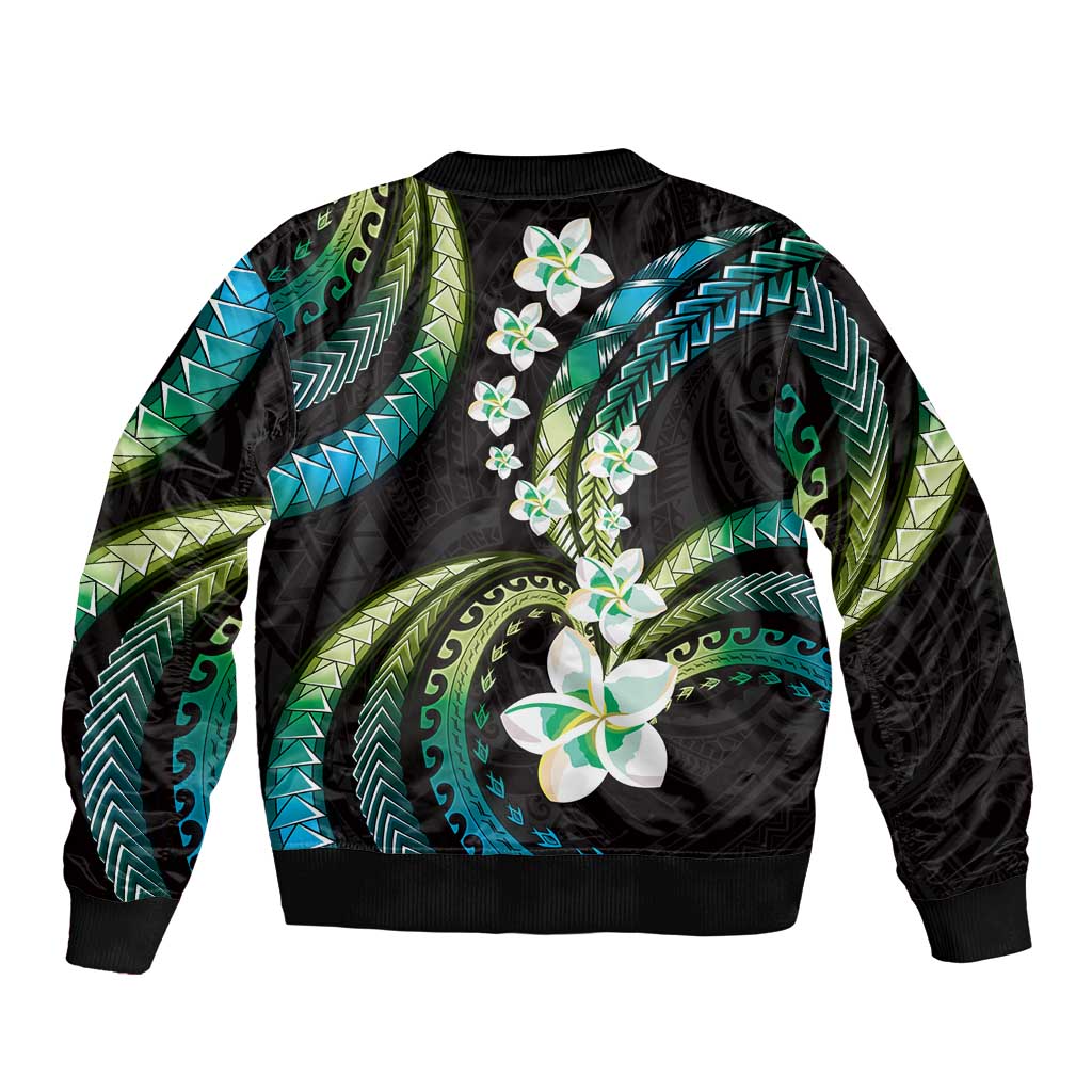Hawaii Plumeria Sleeve Zip Bomber Jacket Chartreuse Cyan Polynesian Pattern
