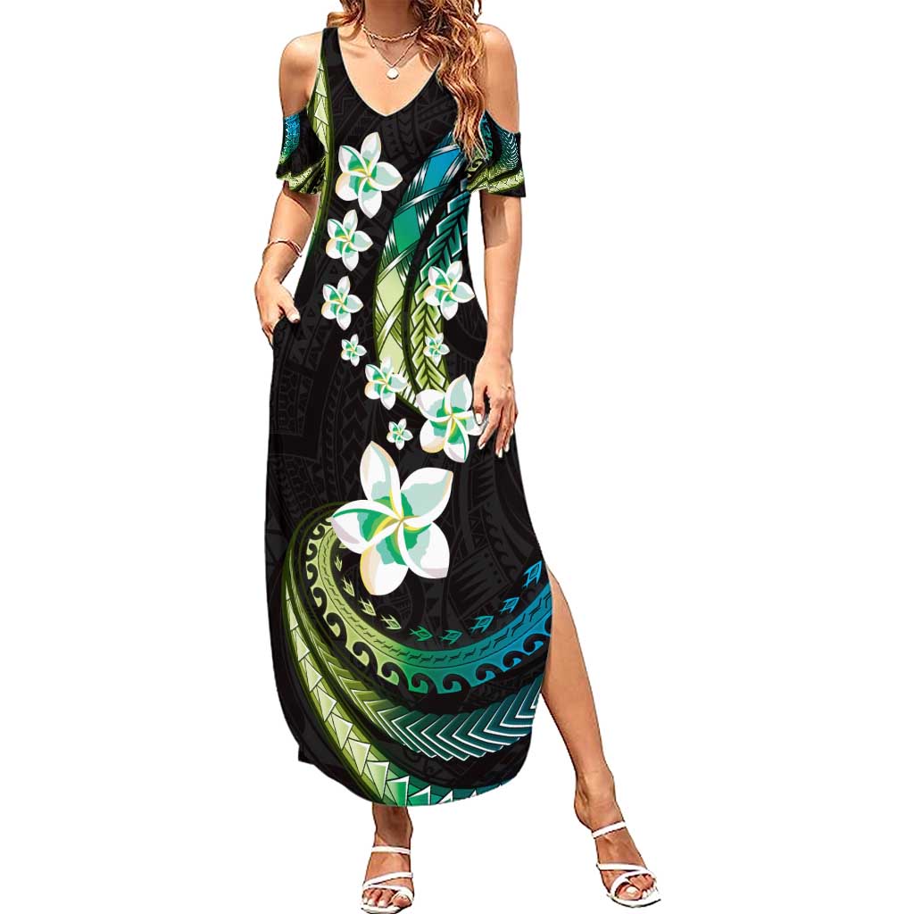 Hawaii Plumeria Summer Maxi Dress Chartreuse Cyan Polynesian Pattern