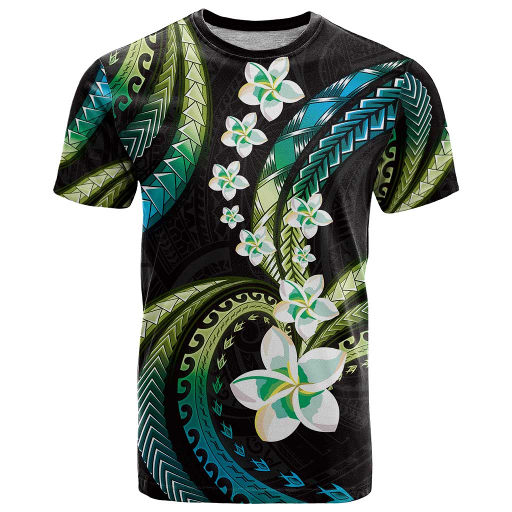 Hawaii Plumeria T Shirt Chartreuse Cyan Polynesian Pattern