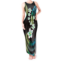 Hawaii Plumeria Tank Maxi Dress Chartreuse Cyan Polynesian Pattern