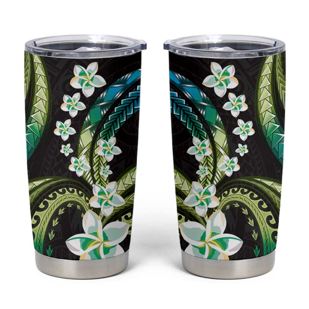 Hawaii Plumeria Tumbler Cup Chartreuse Cyan Polynesian Pattern