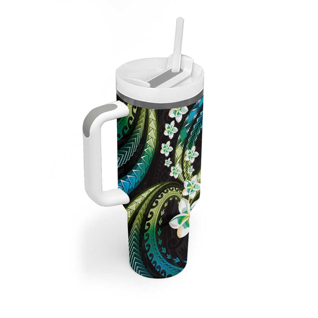 Hawaii Plumeria Tumbler With Handle Chartreuse Cyan Polynesian Pattern