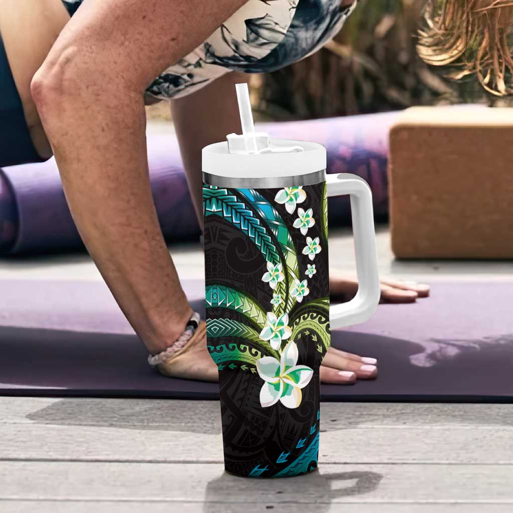 Hawaii Plumeria Tumbler With Handle Chartreuse Cyan Polynesian Pattern