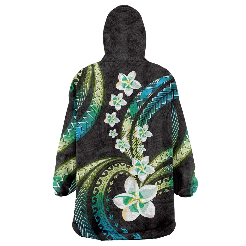 Hawaii Plumeria Wearable Blanket Hoodie Chartreuse Cyan Polynesian Pattern