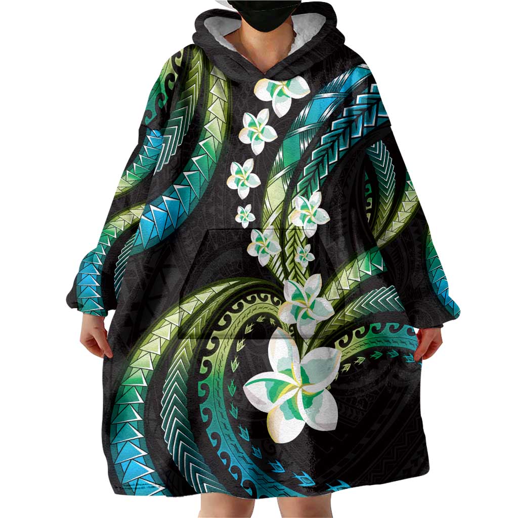 Hawaii Plumeria Wearable Blanket Hoodie Chartreuse Cyan Polynesian Pattern