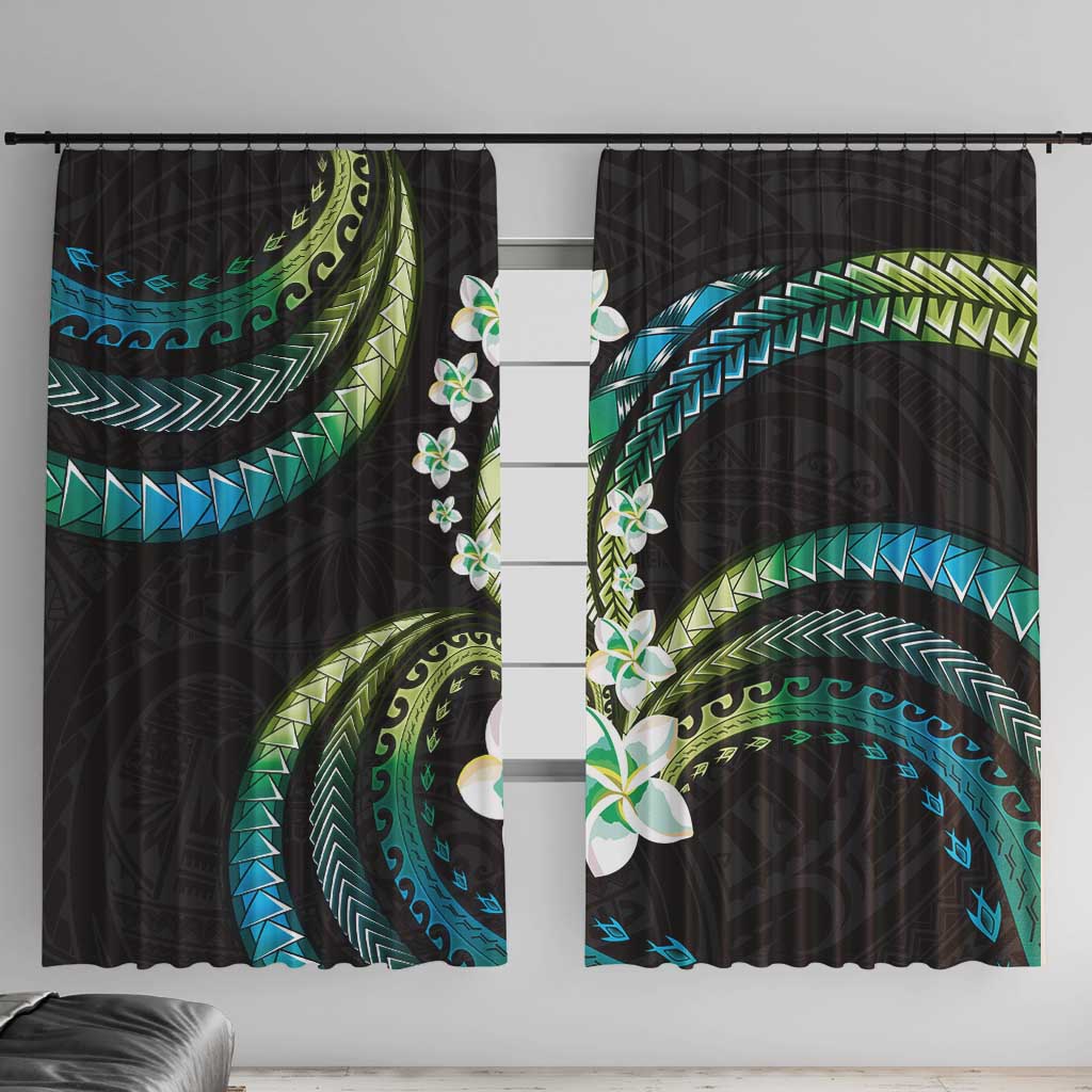 Hawaii Plumeria Window Curtain Chartreuse Cyan Polynesian Pattern