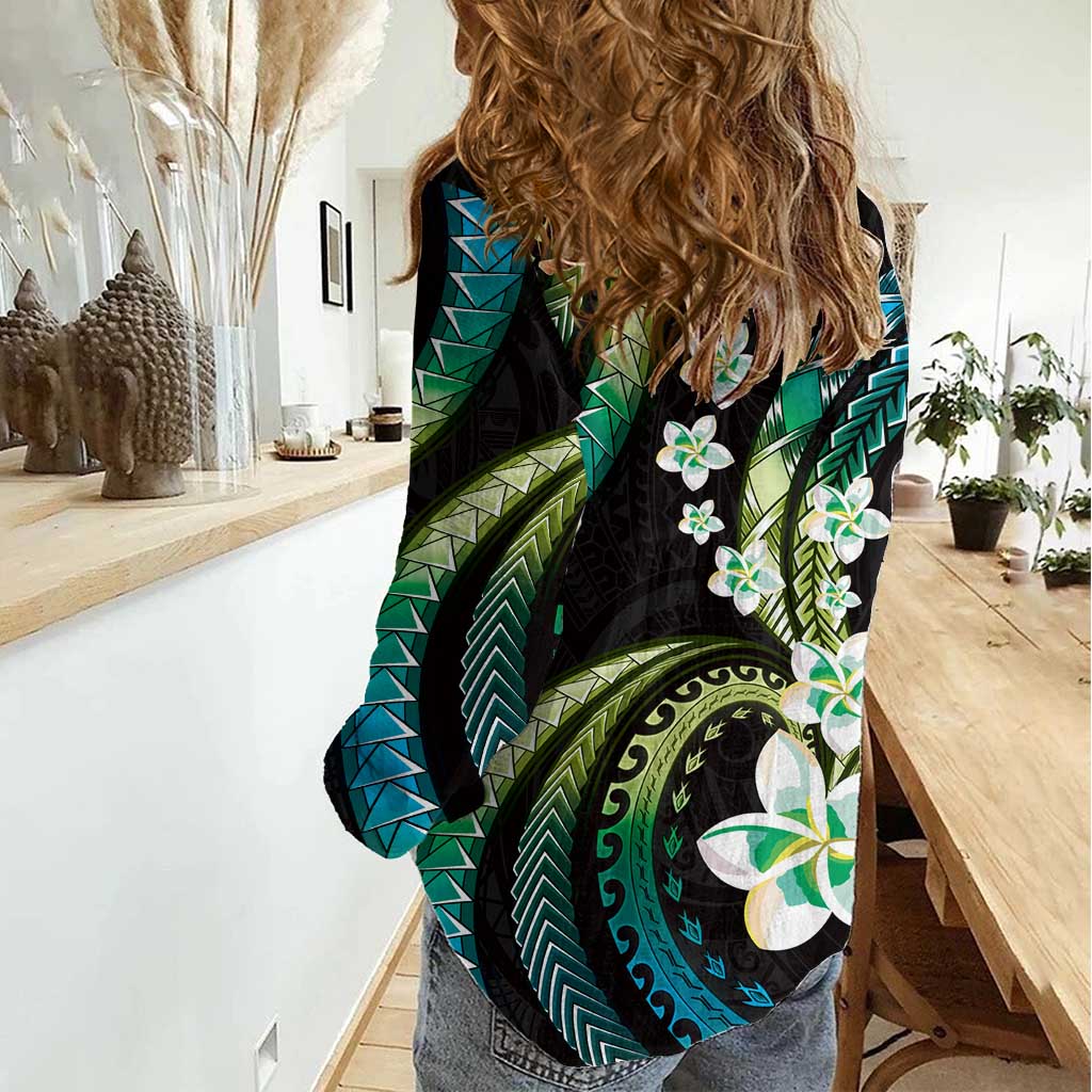 Hawaii Plumeria Women Casual Shirt Chartreuse Cyan Polynesian Pattern