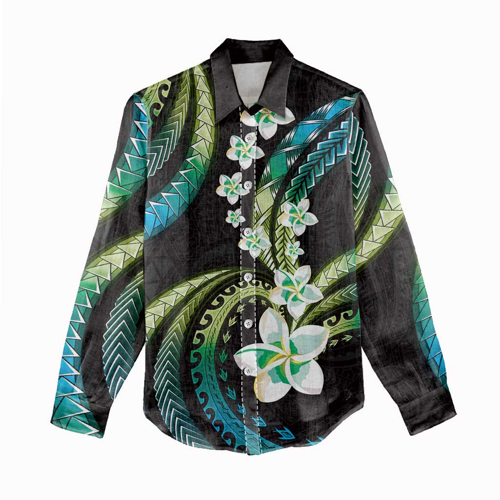 Hawaii Plumeria Women Casual Shirt Chartreuse Cyan Polynesian Pattern