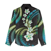 Hawaii Plumeria Women Casual Shirt Chartreuse Cyan Polynesian Pattern