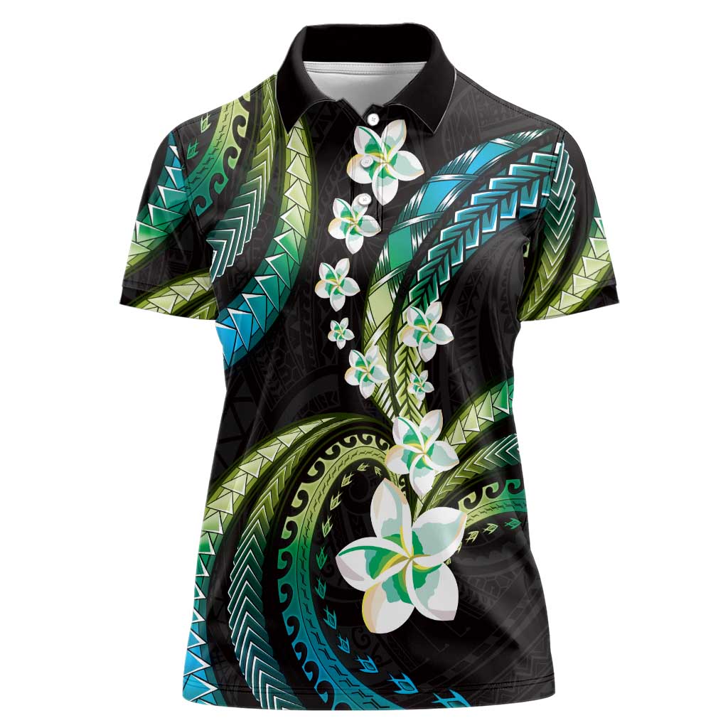 Hawaii Plumeria Women Polo Shirt Chartreuse Cyan Polynesian Pattern