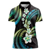 Hawaii Plumeria Women Polo Shirt Chartreuse Cyan Polynesian Pattern