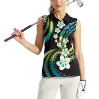 Hawaii Plumeria Women Sleeveless Polo Shirt Chartreuse Cyan Polynesian Pattern