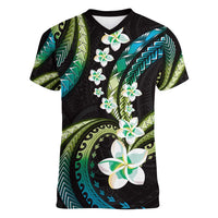 Hawaii Plumeria Women V-Neck T-Shirt Chartreuse Cyan Polynesian Pattern