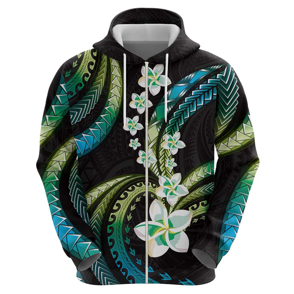 Hawaii Plumeria Zip Hoodie Chartreuse Cyan Polynesian Pattern