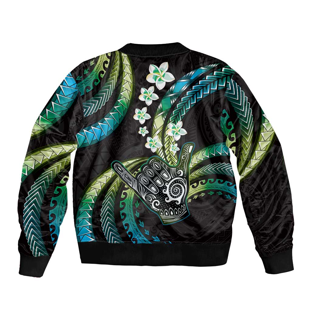 Hawaii Shaka Sign Bomber Jacket Fantastic Frangipani Chartreuse Cyan