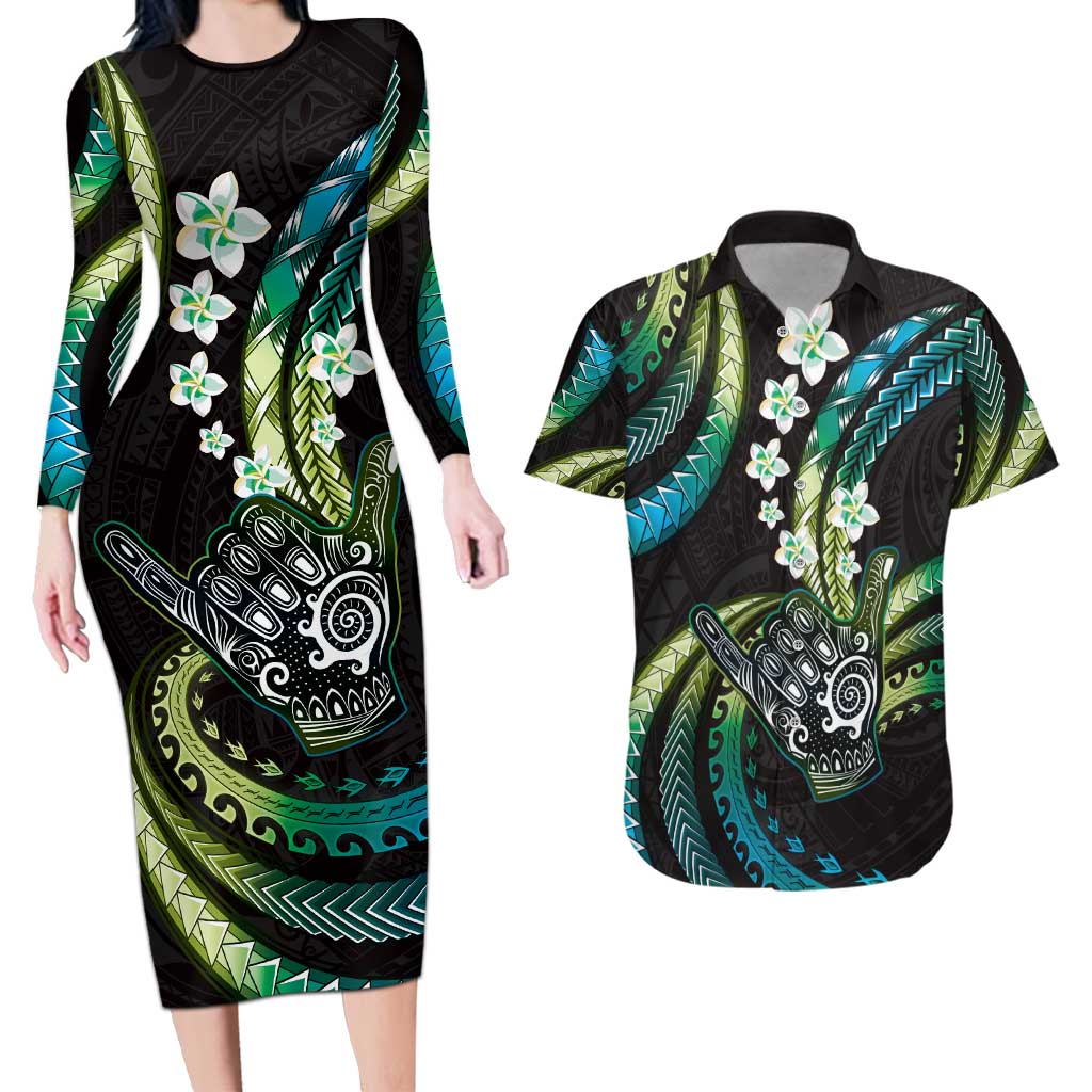 Hawaii Shaka Sign Couples Matching Long Sleeve Bodycon Dress and Hawaiian Shirt Fantastic Frangipani Chartreuse Cyan