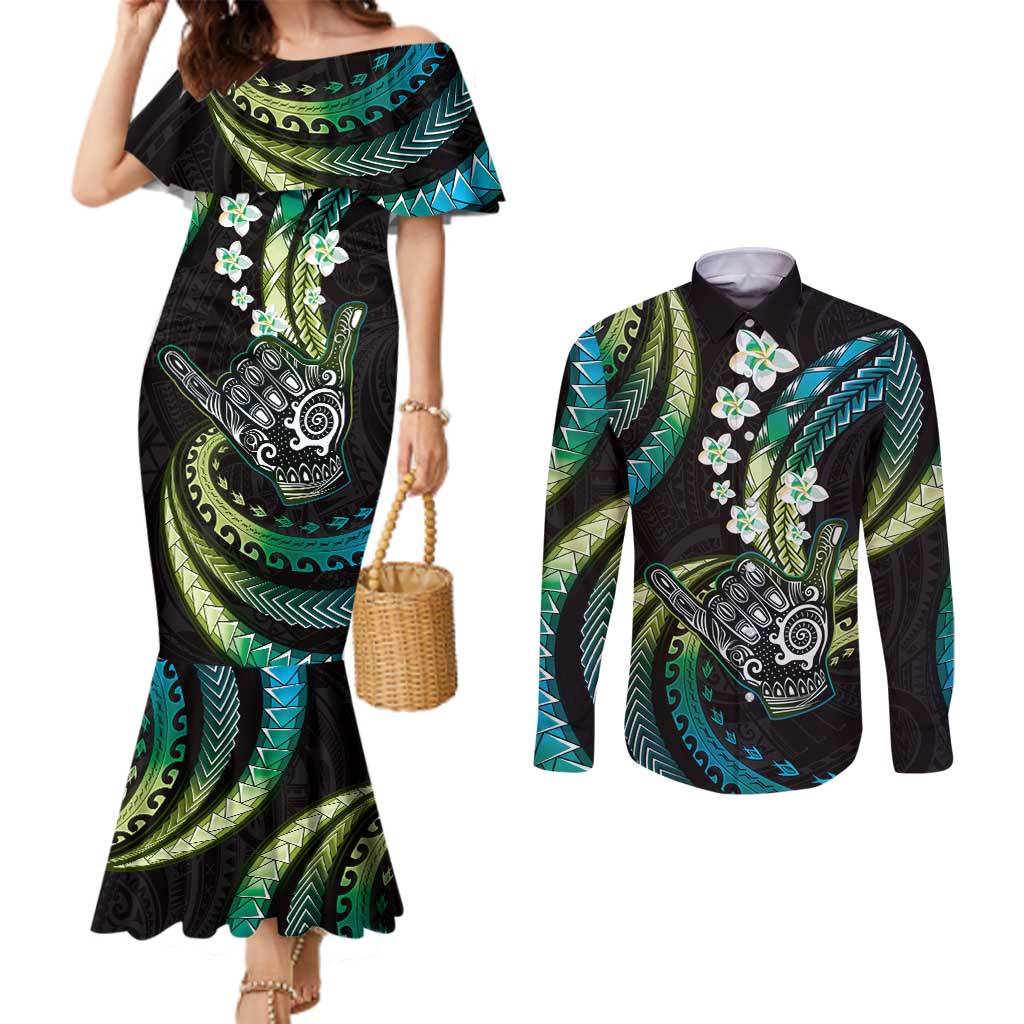 Hawaii Shaka Sign Couples Matching Mermaid Dress and Long Sleeve Button Shirt Fantastic Frangipani Chartreuse Cyan
