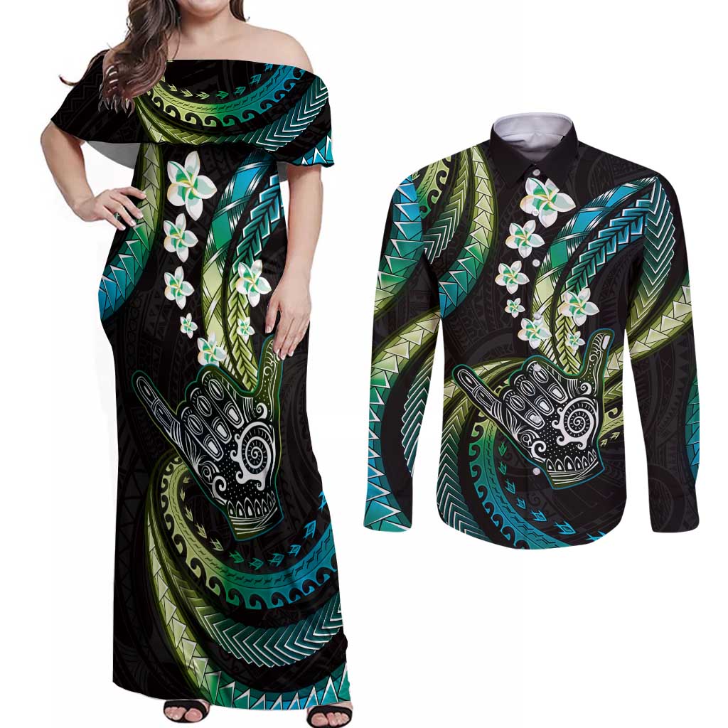 Hawaii Shaka Sign Couples Matching Off Shoulder Maxi Dress and Long Sleeve Button Shirt Fantastic Frangipani Chartreuse Cyan