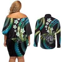 Hawaii Shaka Sign Couples Matching Off Shoulder Short Dress and Long Sleeve Button Shirt Fantastic Frangipani Chartreuse Cyan