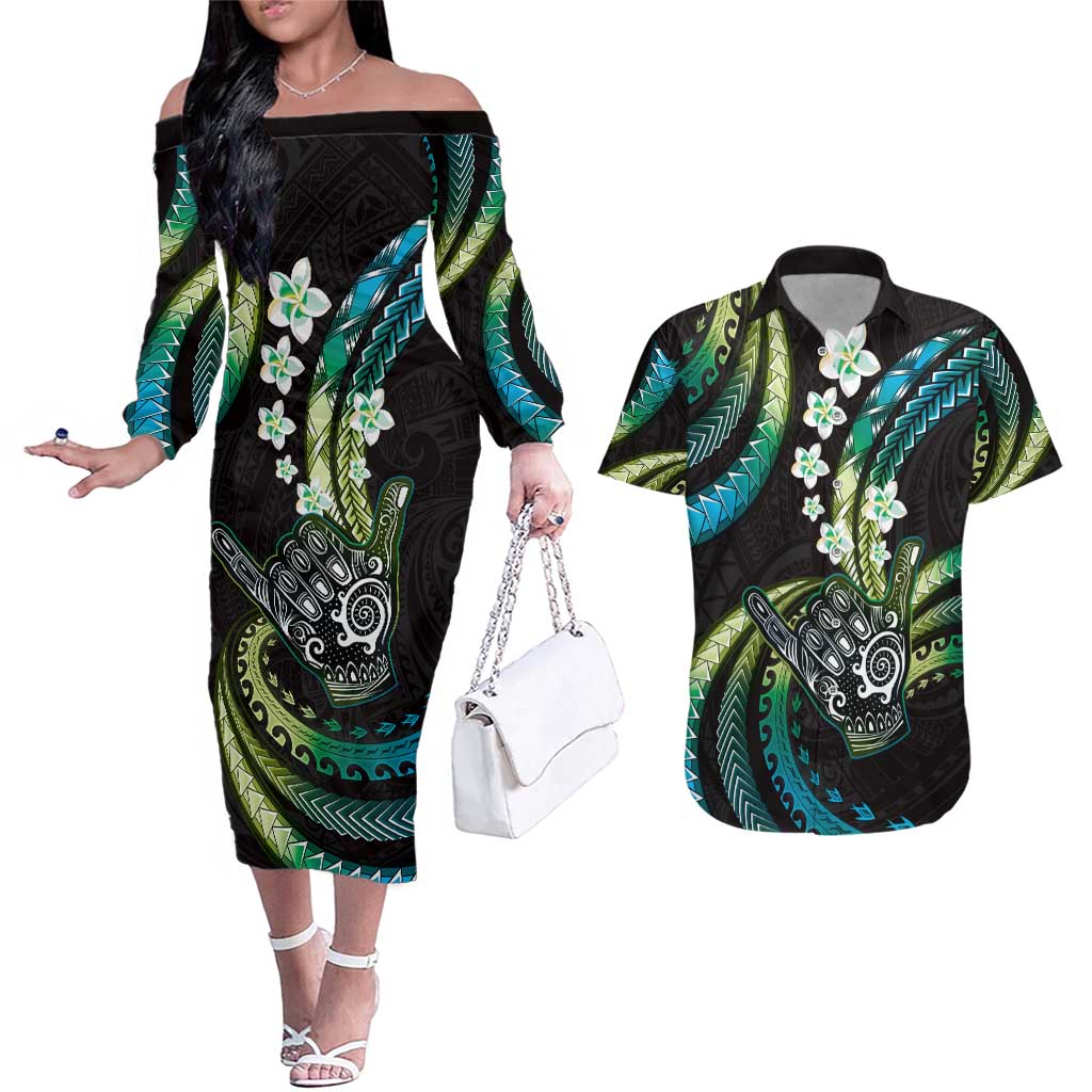Hawaii Shaka Sign Couples Matching Off The Shoulder Long Sleeve Dress and Hawaiian Shirt Fantastic Frangipani Chartreuse Cyan