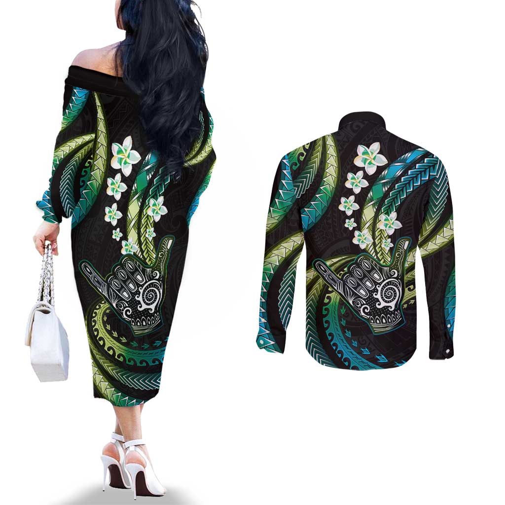 Hawaii Shaka Sign Couples Matching Off The Shoulder Long Sleeve Dress and Long Sleeve Button Shirt Fantastic Frangipani Chartreuse Cyan