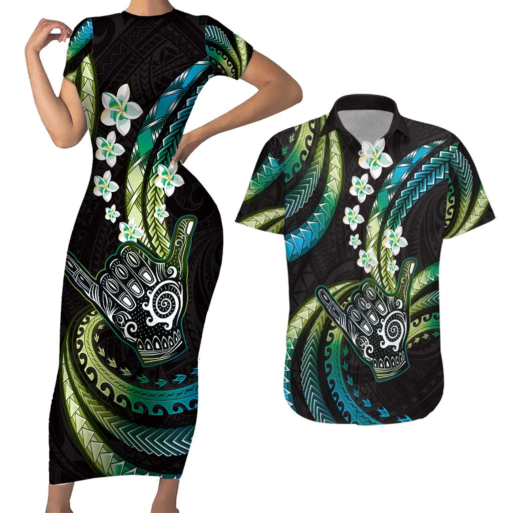 Hawaii Shaka Sign Couples Matching Short Sleeve Bodycon Dress and Hawaiian Shirt Fantastic Frangipani Chartreuse Cyan
