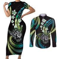 Hawaii Shaka Sign Couples Matching Short Sleeve Bodycon Dress and Long Sleeve Button Shirt Fantastic Frangipani Chartreuse Cyan