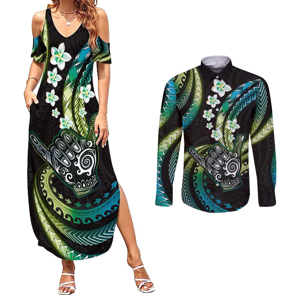 Hawaii Shaka Sign Couples Matching Summer Maxi Dress and Long Sleeve Button Shirt Fantastic Frangipani Chartreuse Cyan