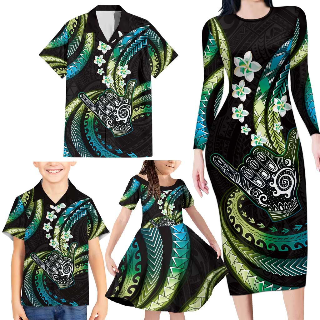 Hawaii Shaka Sign Family Matching Long Sleeve Bodycon Dress and Hawaiian Shirt Fantastic Frangipani Chartreuse Cyan