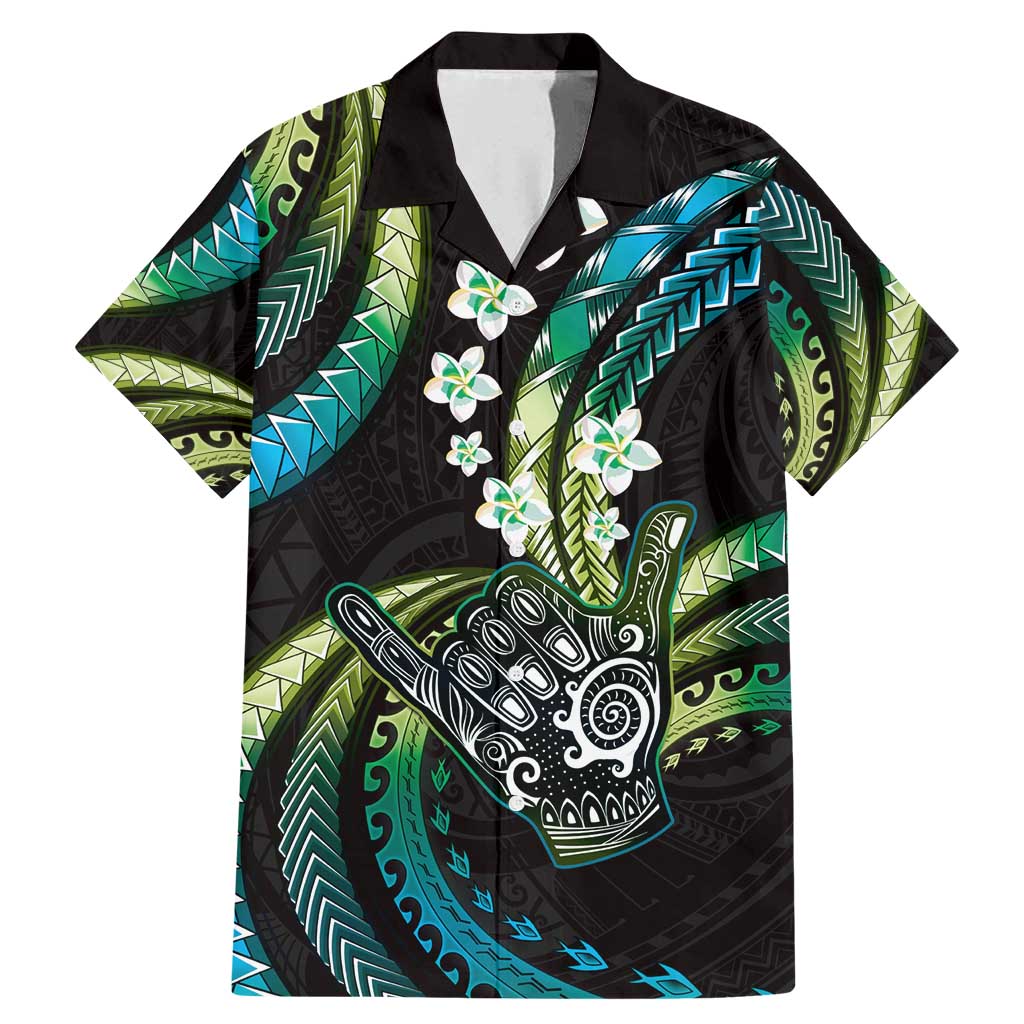 Hawaii Shaka Sign Family Matching Mermaid Dress and Hawaiian Shirt Fantastic Frangipani Chartreuse Cyan