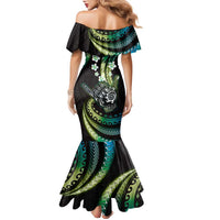 Hawaii Shaka Sign Family Matching Mermaid Dress and Hawaiian Shirt Fantastic Frangipani Chartreuse Cyan