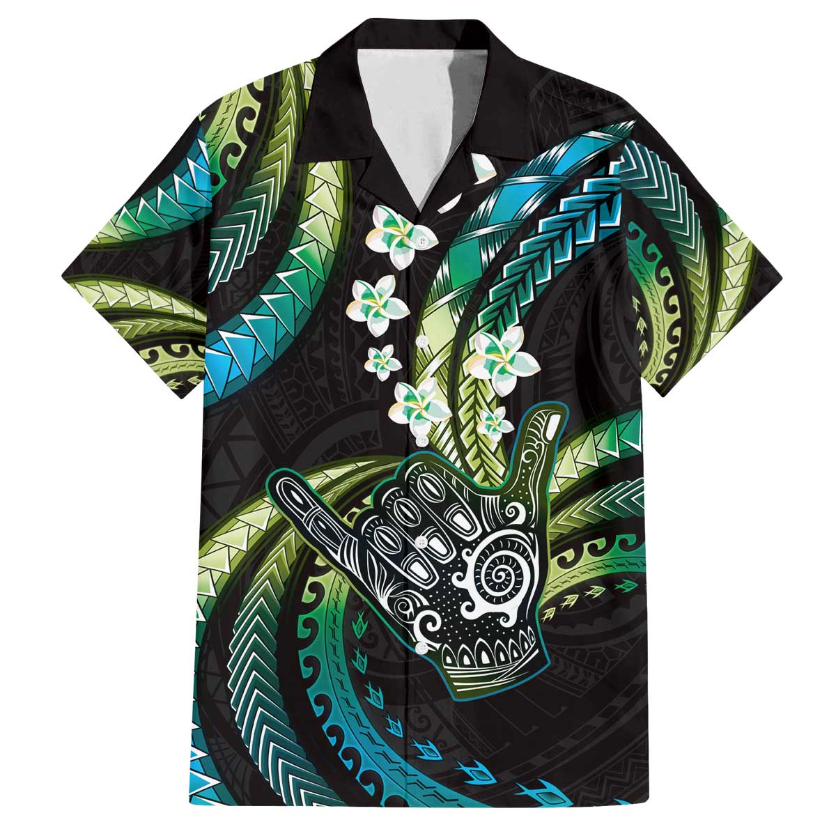 Hawaii Shaka Sign Family Matching Off The Shoulder Long Sleeve Dress and Hawaiian Shirt Fantastic Frangipani Chartreuse Cyan