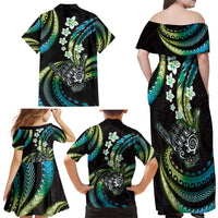 Hawaii Shaka Sign Family Matching Off Shoulder Maxi Dress and Hawaiian Shirt Fantastic Frangipani Chartreuse Cyan