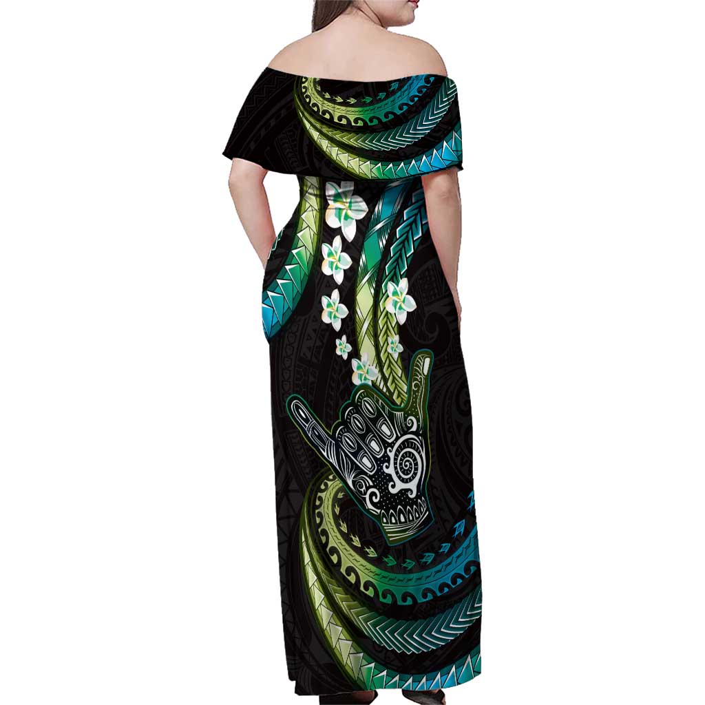 Hawaii Shaka Sign Family Matching Off Shoulder Maxi Dress and Hawaiian Shirt Fantastic Frangipani Chartreuse Cyan