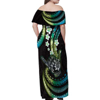Hawaii Shaka Sign Family Matching Off Shoulder Maxi Dress and Hawaiian Shirt Fantastic Frangipani Chartreuse Cyan