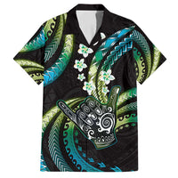 Hawaii Shaka Sign Family Matching Off Shoulder Short Dress and Hawaiian Shirt Fantastic Frangipani Chartreuse Cyan