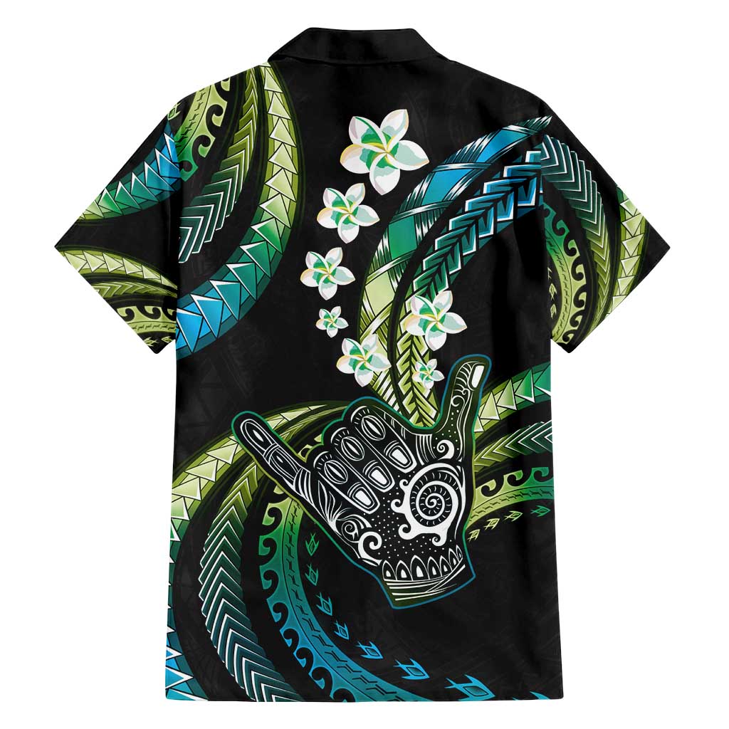 Hawaii Shaka Sign Family Matching Off Shoulder Short Dress and Hawaiian Shirt Fantastic Frangipani Chartreuse Cyan