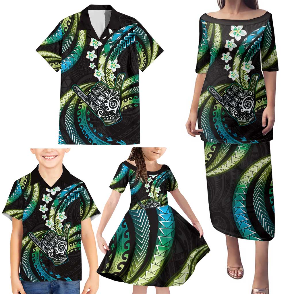 Hawaii Shaka Sign Family Matching Puletasi and Hawaiian Shirt Fantastic Frangipani Chartreuse Cyan
