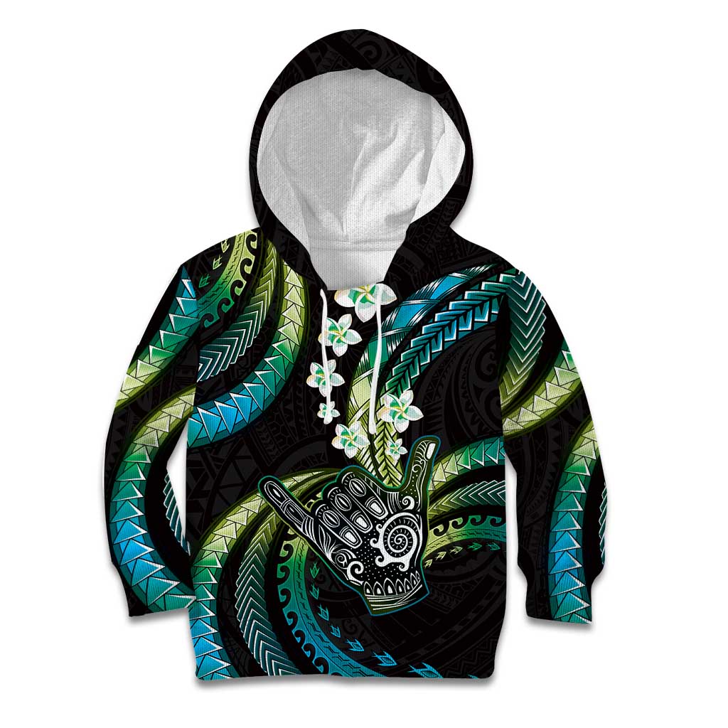 Hawaii Shaka Sign Kid Hoodie Fantastic Frangipani Chartreuse Cyan