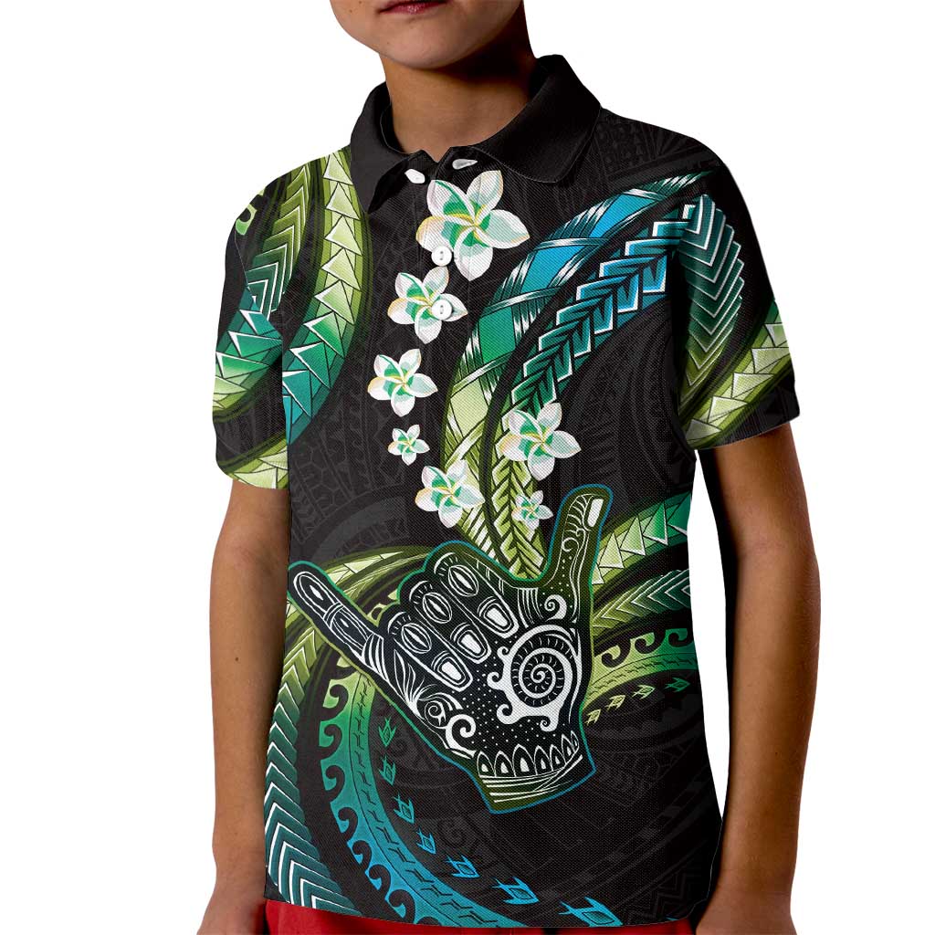 Hawaii Shaka Sign Kid Polo Shirt Fantastic Frangipani Chartreuse Cyan