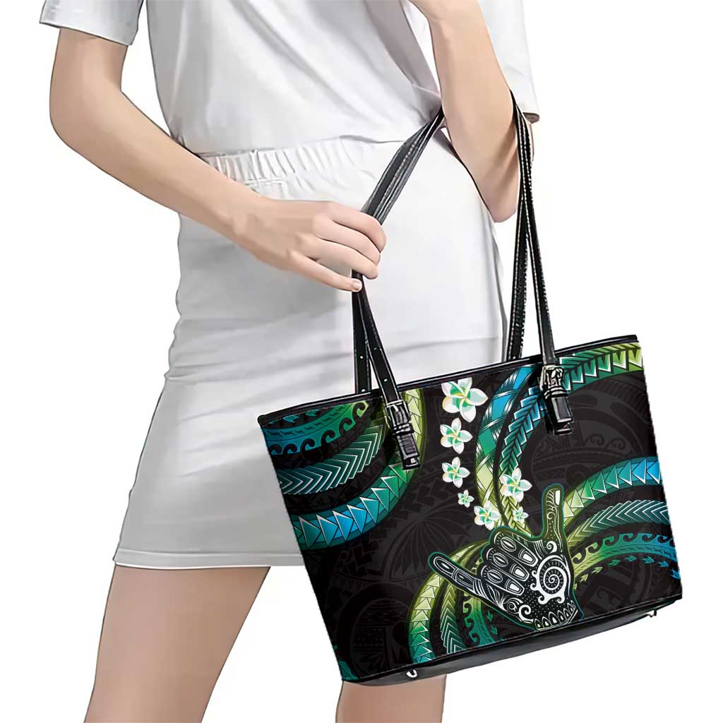 Hawaii Shaka Sign Leather Tote Bag Fantastic Frangipani Chartreuse Cyan