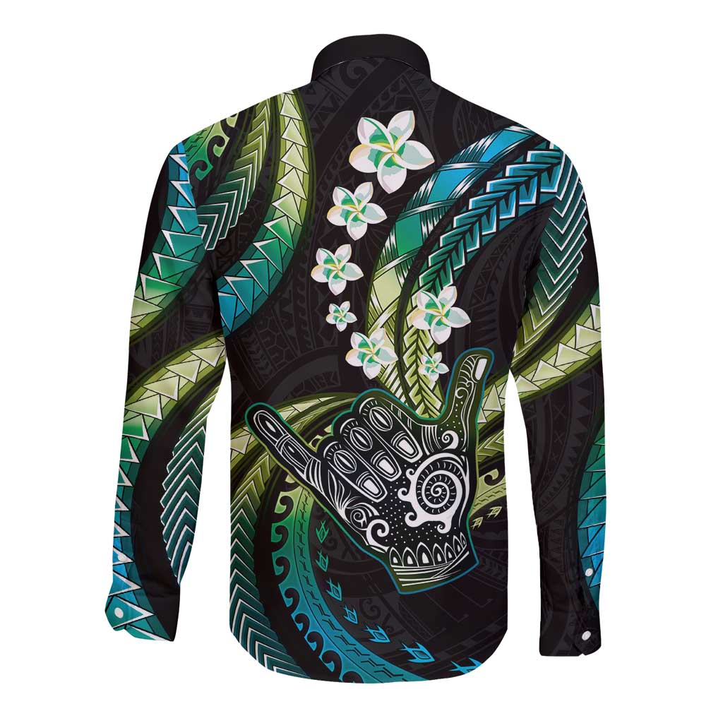 Hawaii Shaka Sign Long Sleeve Button Shirt Fantastic Frangipani Chartreuse Cyan