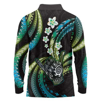 Hawaii Shaka Sign Long Sleeve Polo Shirt Fantastic Frangipani Chartreuse Cyan