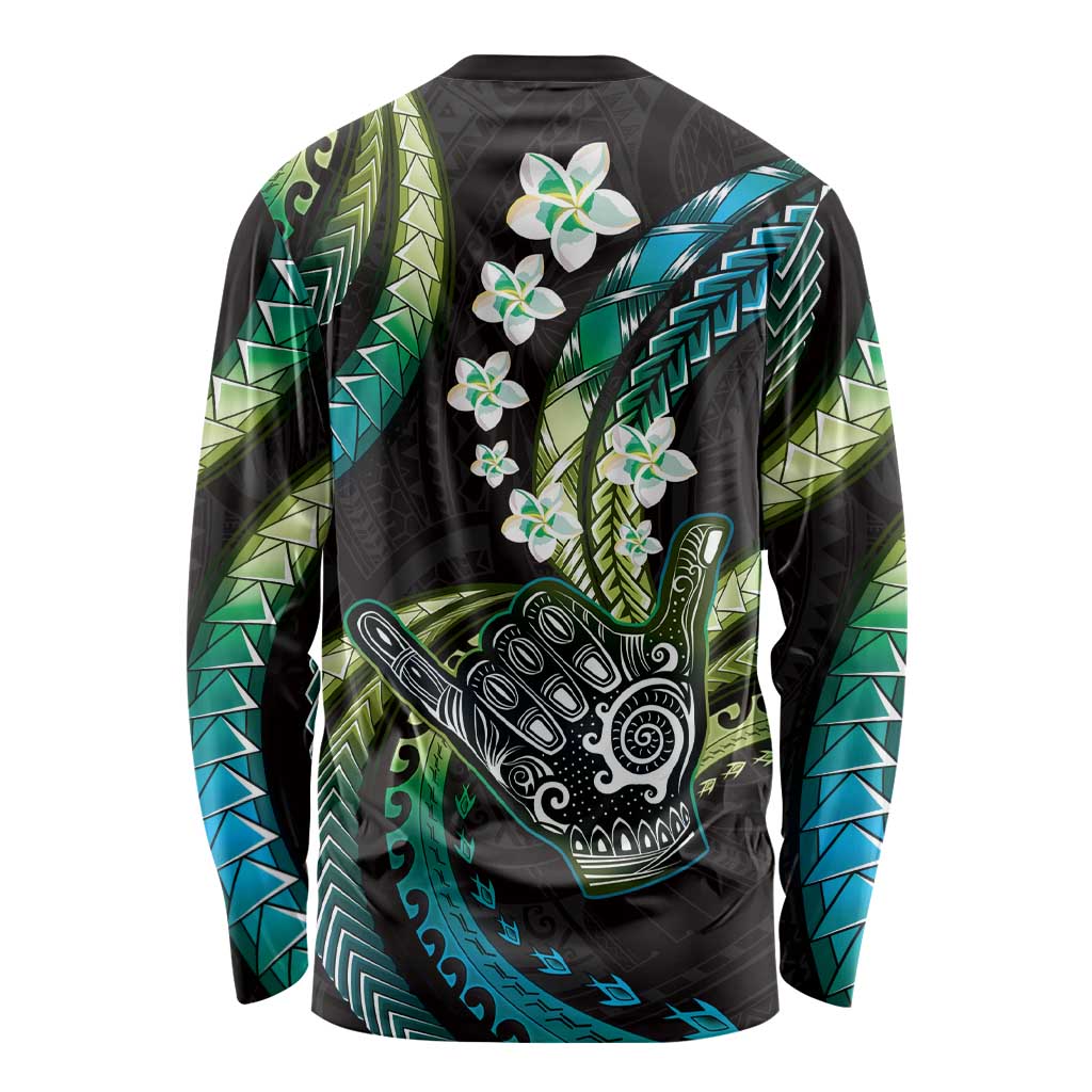 Hawaii Shaka Sign Long Sleeve Shirt Fantastic Frangipani Chartreuse Cyan