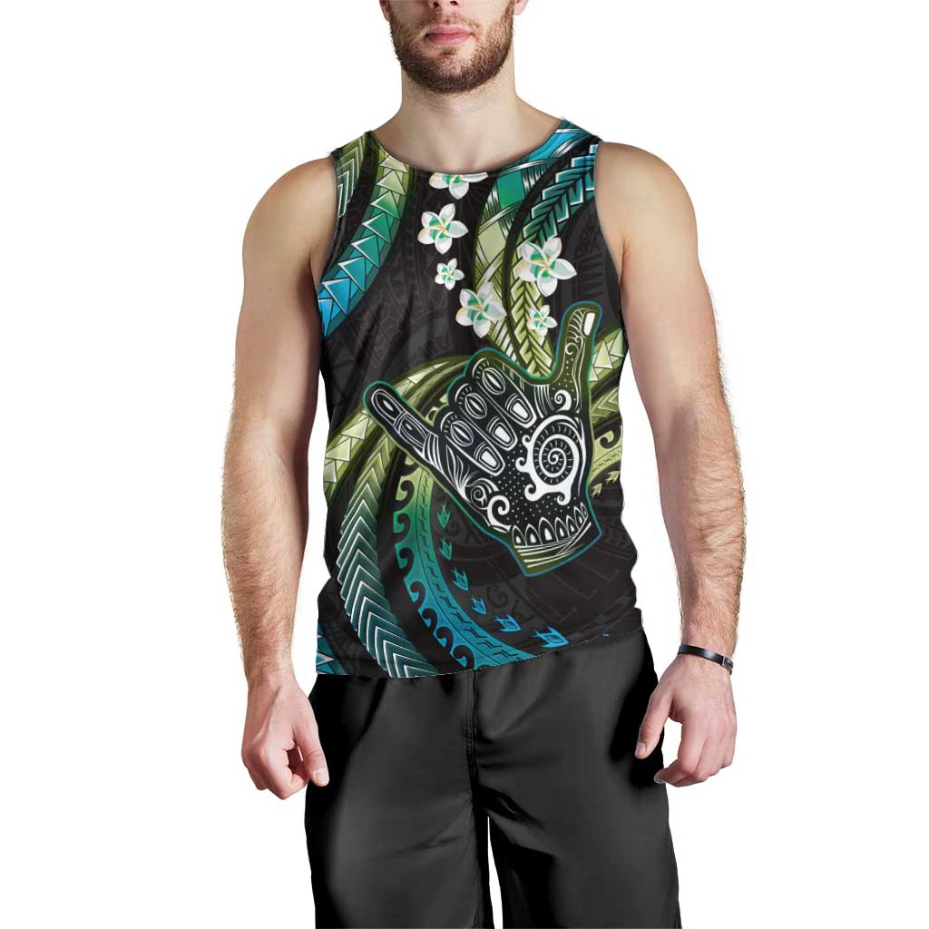 Hawaii Shaka Sign Men Tank Top Fantastic Frangipani Chartreuse Cyan