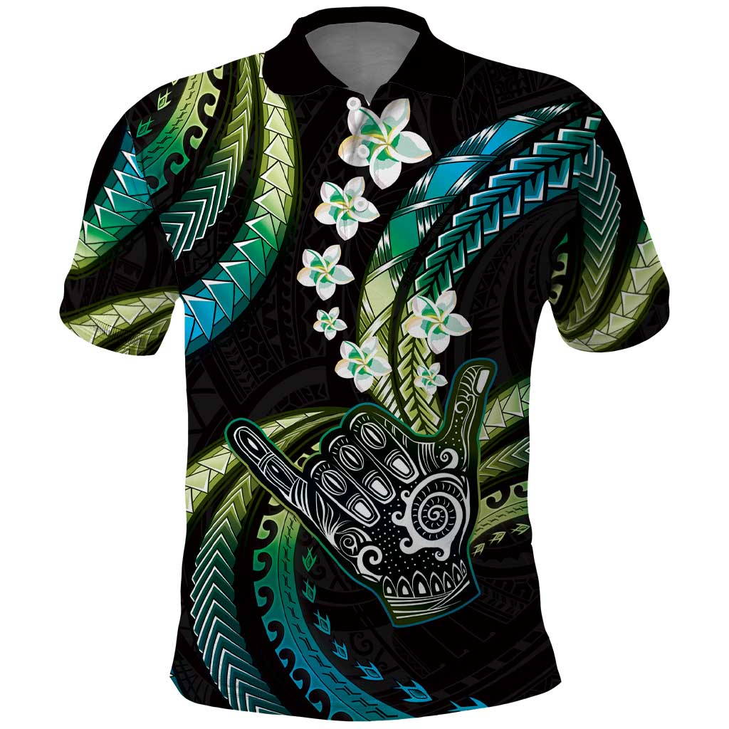 Hawaii Shaka Sign Polo Shirt Fantastic Frangipani Chartreuse Cyan