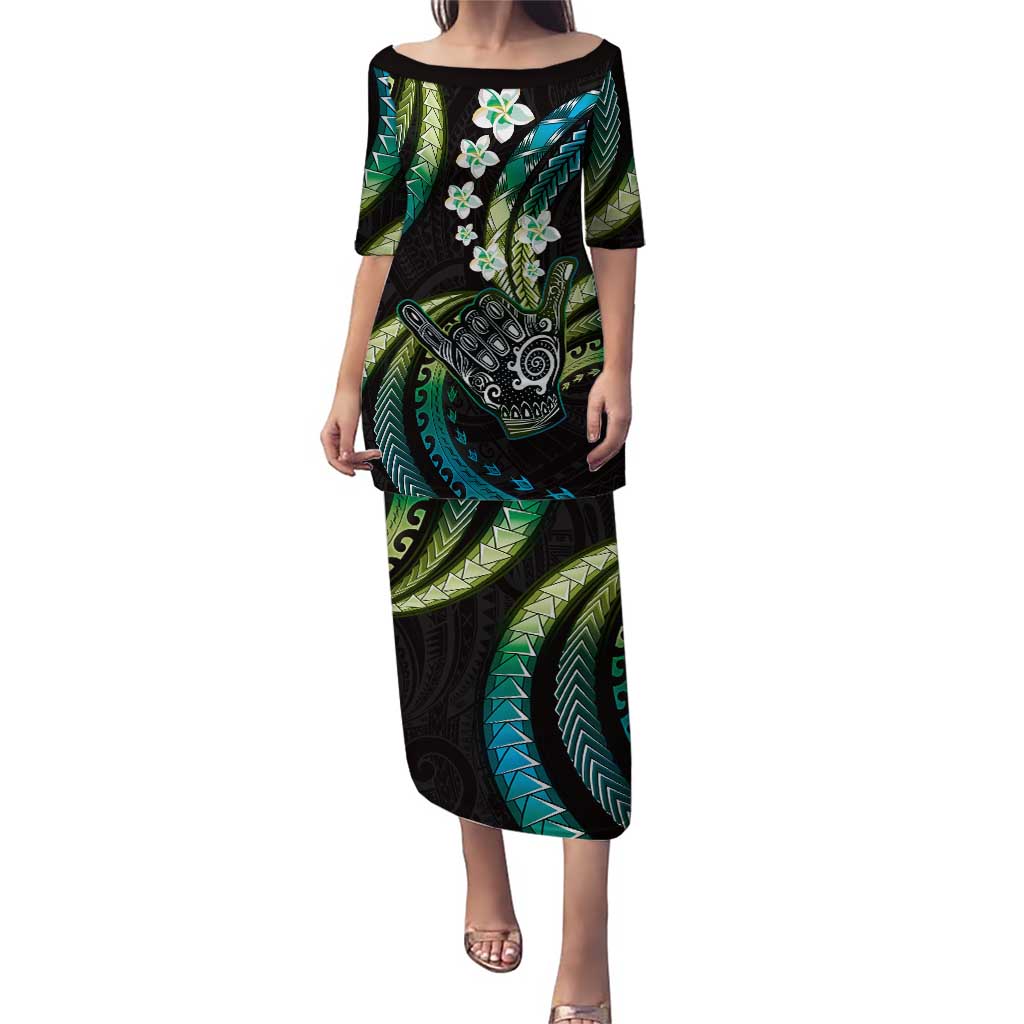 Hawaii Shaka Sign Puletasi Fantastic Frangipani Chartreuse Cyan