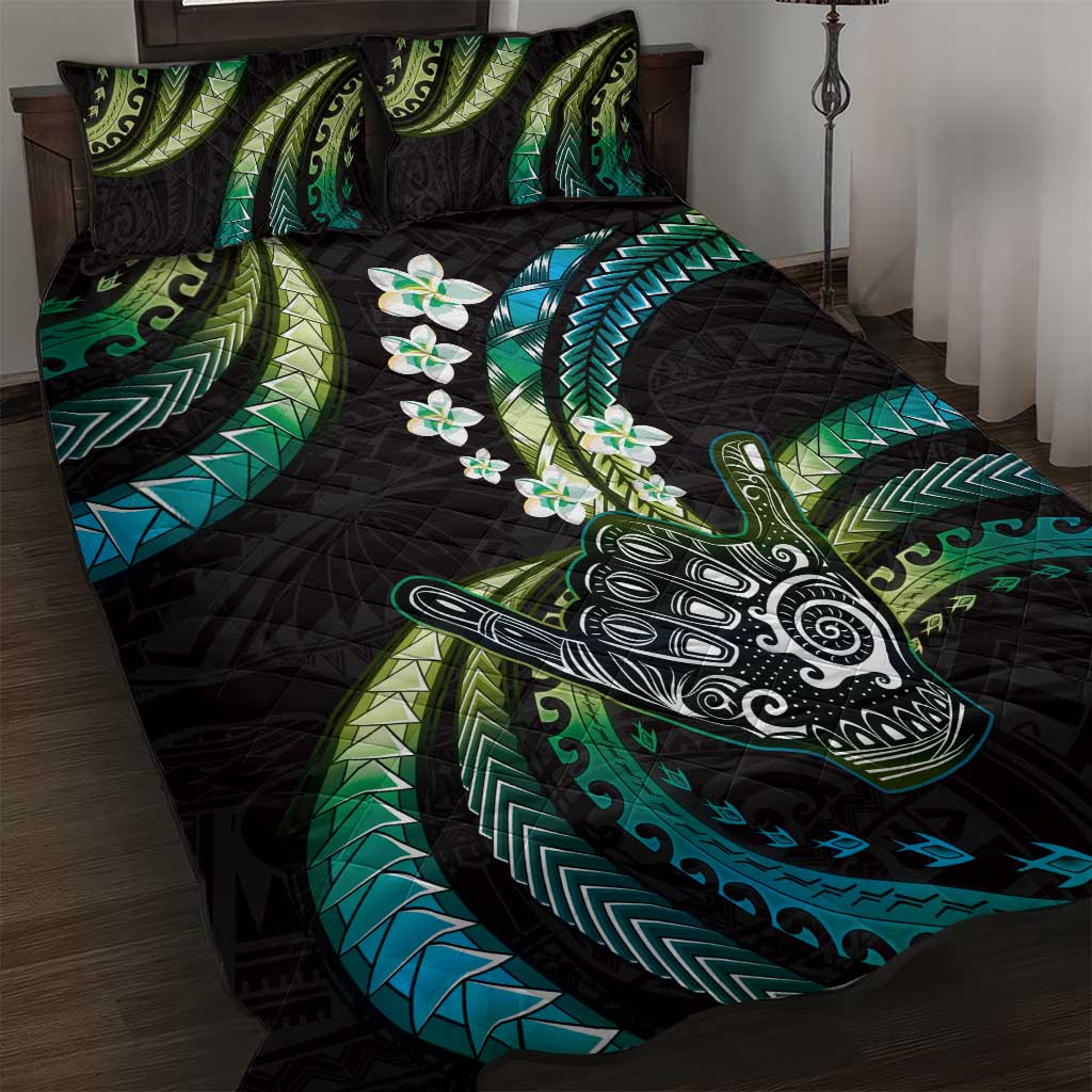 Hawaii Shaka Sign Quilt Bed Set Fantastic Frangipani Chartreuse Cyan