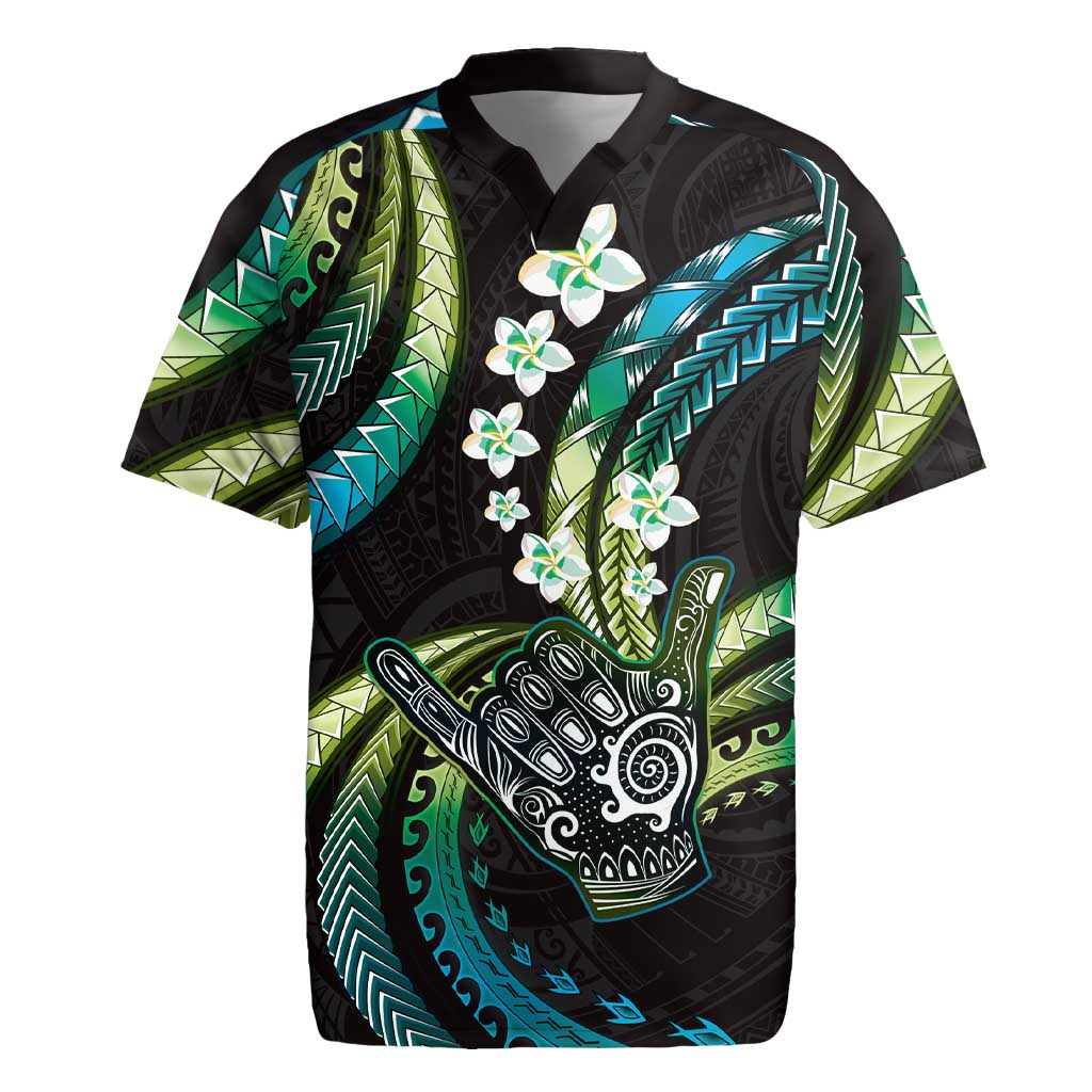 Hawaii Shaka Sign Rugby Jersey Fantastic Frangipani Chartreuse Cyan